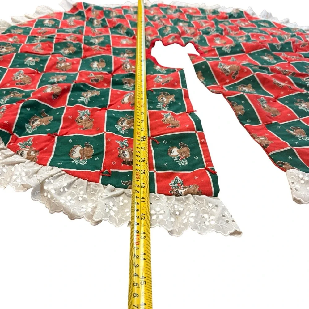 Vintage Christmas Tree Skirt Quilted Round Ruffle Reversible Country Patchwork